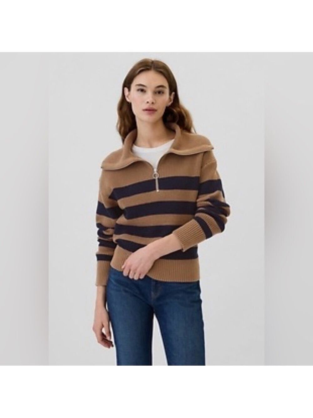 Gap Quarter Zip Oversized Kola Nut Striped 100% Cotton Pullover Sweater NWT L